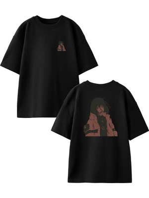 Nmg Tekstil Siyah Oversize Pamuk Şişme Montlu Anime Ön Arka Baskılı Örme T-Shirt