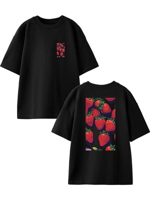 Nmg Tekstil Siyah Oversize Pamuk Çilekler Ön Arka Baskılı Örme T-Shirt