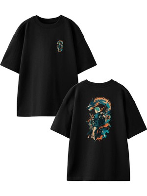 Nmg Tekstil Siyah Oversize Pamuk Dragonlu Samuray Ön Arka Baskılı Örme T-Shirt