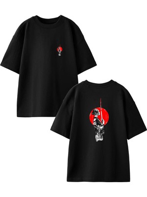 Nmg Tekstil Siyah Oversize Pamuk Japon Samuray Kız Ön Arka Baskılı Örme T-Shirt