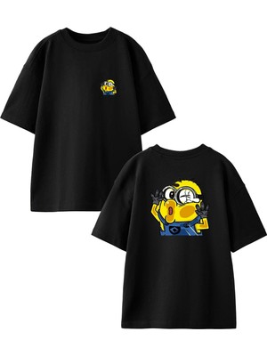 Nmg Tekstil Siyah Oversize Pamuk Minyon Nanik Ön Arka Baskılı Örme T-Shirt