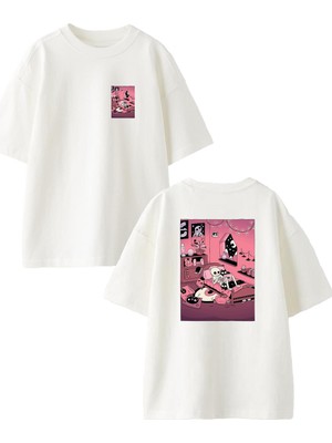 Nmg Tekstil Beyaz Oversize Pamuk Hayalet Oda Pembe Ön Arka Baskılı Örme T-Shirt