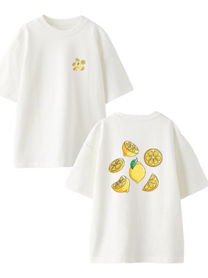 Nmg Tekstil Beyaz Oversize Pamuk Limon Dilimleri Ön Arka Baskılı Örme T-Shirt