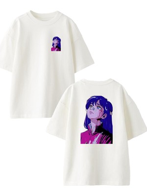 Nmg Tekstil Beyaz Oversize Pamuk Mavi Saçlı Anime Kız Ön Arka Baskılı Örme T-Shirt