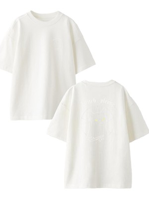 Nmg Tekstil Beyaz Oversize Pamuk Witch Please Ön Arka Baskılı Örme T-Shirt