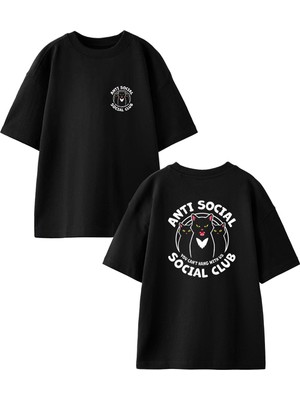 Nmg Tekstil Siyah Oversize Pamuk Anti Social Kedi Ön Arka Baskılı Örme T-Shirt
