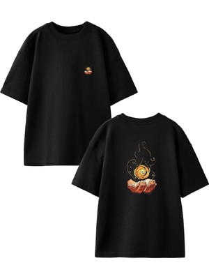 Nmg Tekstil Siyah Oversize Pamuk Avuçta Alev Yanıyor Ön Arka Baskılı Örme T-Shirt