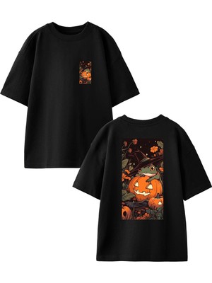 Nmg Tekstil Siyah Oversize Pamuk Kurbağa Balkabağı Ön Arka Baskılı Örme T-Shirt