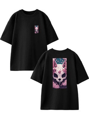 Nmg Tekstil Siyah Oversize Pamuk Pembe Yapraklar Kafatası Ön Arka Baskılı Örme T-Shirt