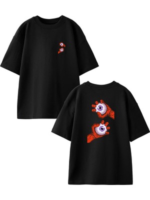 Nmg Tekstil Siyah Oversize Pamuk Pörtlek Göz Kırmızı Ön Arka Baskılı Örme T-Shirt
