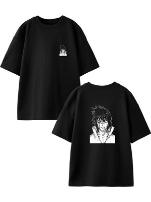Nmg Tekstil Siyah Oversize Pamuk Yıldızlı Anime Japon Erkek Ön Arka Baskılı Örme T-Shirt