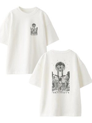 Nmg Tekstil Beyaz Oversize Pamuk Ağlayan Güneş Tapınak Ön Arka Baskılı Örme T-Shirt