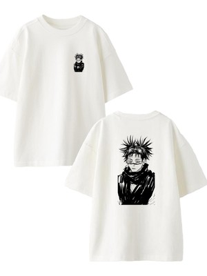 Nmg Tekstil Beyaz Oversize Pamuk Saçları Dağınık Anime Erkek Ön Arka Baskılı Örme T-Shirt