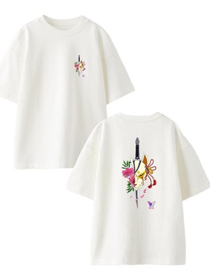 Nmg Tekstil Beyaz Oversize Pamuk Yarım Kedi Ön Arka Baskılı Örme T-Shirt