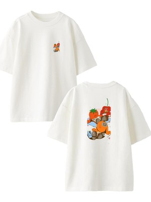 Nmg Tekstil Beyaz Oversize Pamuk Meyve Sebze Kitap Ön Arka Baskılı Örme T-Shirt