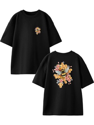 Nmg Tekstil Siyah Oversize Pamuk Arı Petek Fotoğraf Ön Arka Baskılı Örme T-Shirt