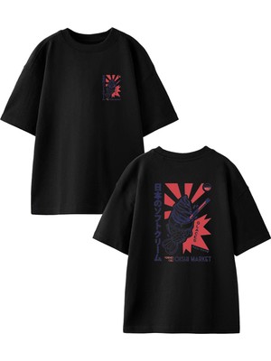 Nmg Tekstil Siyah Oversize Pamuk Japon Dondurma Balık Ön Arka Baskılı Örme T-Shirt