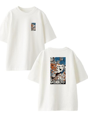 Nmg Tekstil Beyaz Oversize Pamuk Phish Kurukafa Ön Arka Baskılı Örme T-Shirt