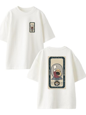 Nmg Tekstil Beyaz Oversize Pamuk Şapkalı Erkek Çocuk Poster Ön Arka Baskılı Örme T-Shirt