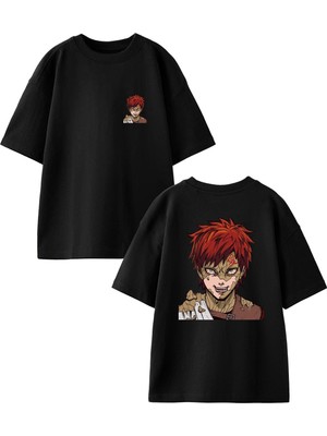 Nmg Tekstil Siyah Oversize Pamuk Kırmızı Saçlı Anime Erkek Ön Arka Baskılı Örme T-Shirt