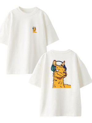 Nmg Tekstil Beyaz Oversize Pamuk Kulaklıklı Deve Ön Arka Baskılı Örme T-Shirt