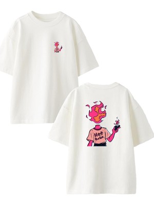 Nmg Tekstil Beyaz Oversize Pamuk Hot Babe Ön Arka Baskılı Örme T-Shirt