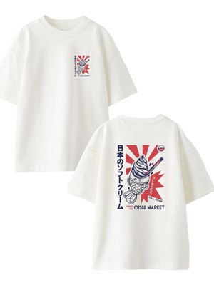 Nmg Tekstil Beyaz Oversize Pamuk Japon Dondurma Balık Ön Arka Baskılı Örme T-Shirt