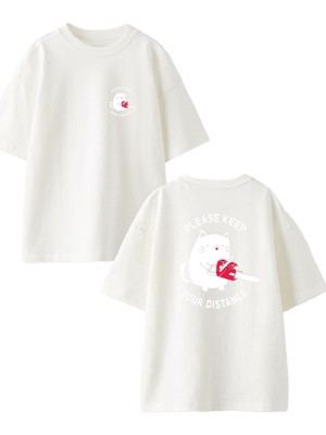 Nmg Tekstil Beyaz Oversize Pamuk Please Keep Testere Ön Arka Baskılı Örme T-Shirt