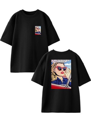 Nmg Tekstil Siyah Oversize Pamuk Ive Feelin Karikatür Ön Arka Baskılı Örme T-Shirt