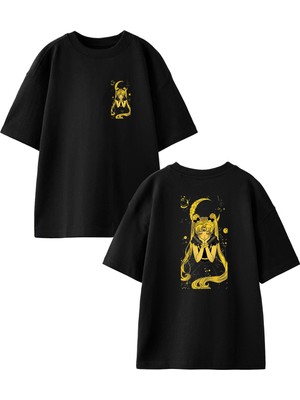 Nmg Tekstil Siyah Oversize Pamuk Sarı Kız Anime Ön Arka Baskılı Örme T-Shirt