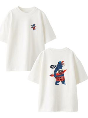 Nmg Tekstil Beyaz Oversize Pamuk Cool Goril Surfing Ön Arka Baskılı Örme T-Shirt