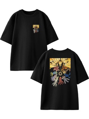 Nmg Tekstil Siyah Oversize Pamuk Balıklar Toplantısı Ön Arka Baskılı Örme T-Shirt