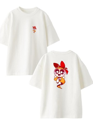 Nmg Tekstil Beyaz Oversize Pamuk Power Puff Girls Turuncu Ön Arka Baskılı Örme T-Shirt