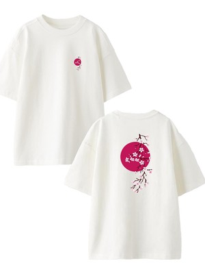 Nmg Tekstil Beyaz Oversize Pamuk Kırmızı Dolunay Ağaç Çiçek Ön Arka Baskılı Örme T-Shirt