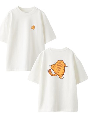 Nmg Tekstil Beyaz Oversize Pamuk Tırmanan Kedi Ön Arka Baskılı Örme T-Shirt