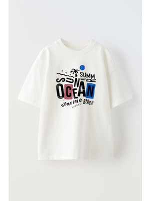 Nmg Tekstil Beyaz Oversize Pamuk Sun Ocean Baskılı Örme T-Shirt
