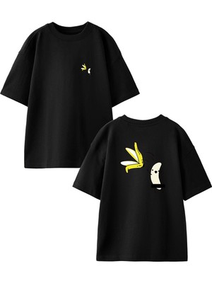 Nmg Tekstil Siyah Oversize Pamuk Muz Kabuğu Ön Arka Baskılı Örme T-Shirt