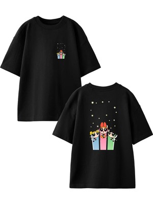 Nmg Tekstil Siyah Oversize Pamuk Power Girl Üçlü Ön Arka Baskılı Örme T-Shirt