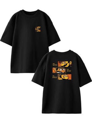 Nmg Tekstil Siyah Oversize Pamuk Süper Mario Üçlü Ön Arka Baskılı Örme T-Shirt