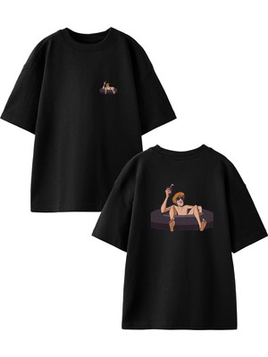 Nmg Tekstil Siyah Oversize Pamuk Lastik Simit Havuz Scooby Ön Arka Baskılı Örme T-Shirt