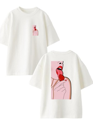Nmg Tekstil Beyaz Oversize Pamuk Çilek Kadın Yemek Ön Arka Baskılı Örme T-Shirt