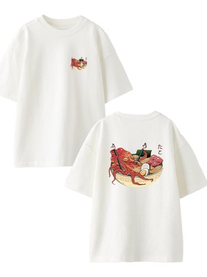 Nmg Tekstil Beyaz Oversize Pamuk Çin Kahvaltı Tabağı Ön Arka Baskılı Örme T-Shirt