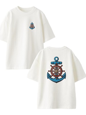 Nmg Tekstil Beyaz Oversize Pamuk Mavi Çapa Tekne Direksiyon Ön Arka Baskılı Örme T-Shirt