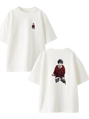 Nmg Tekstil Beyaz Oversize Pamuk Okullu Anime Ön Arka Baskılı Örme T-Shirt