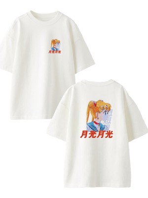 Nmg Tekstil Beyaz Oversize Pamuk Pokemon Sarı Saçlı Ön Arka Baskılı Örme T-Shirt