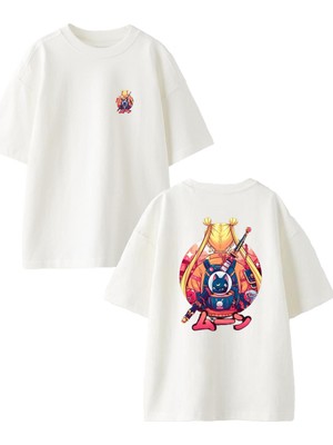 Nmg Tekstil Beyaz Oversize Pamuk Sarı Saçlı Kız Anime Karakter Ön Arka Baskılı Örme T-Shirt