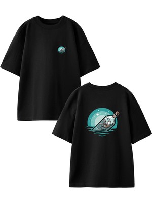 Nmg Tekstil Siyah Oversize Pamuk Dilek Şişesi Ön Arka Baskılı Örme T-Shirt