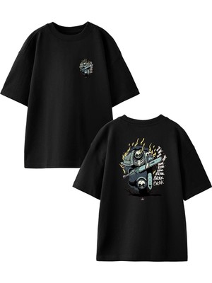 Nmg Tekstil Siyah Oversize Pamuk Testereli Kurukafa Ön Arka Baskılı Örme T-Shirt