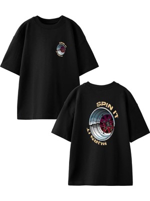 Nmg Tekstil Siyah Oversize Pamuk Spinıt Ön Arka Baskılı Örme T-Shirt