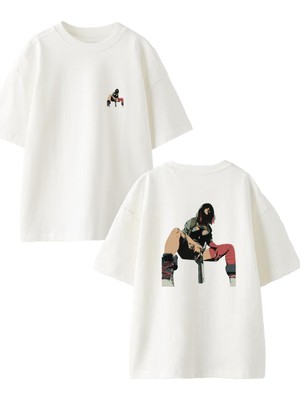Nmg Tekstil Beyaz Oversize Pamuk Silah Tutan Kız Ön Arka Baskılı Örme T-Shirt